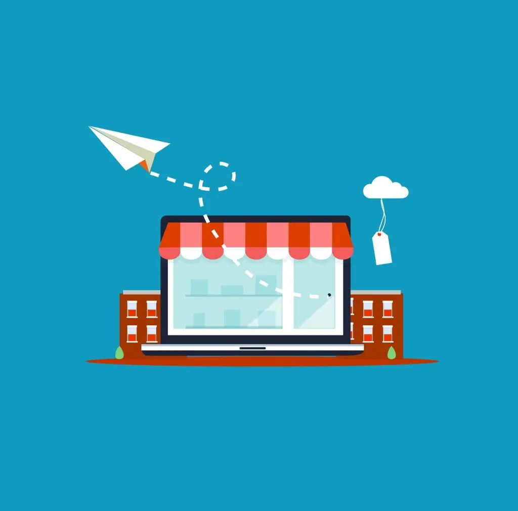 Illustration eines Online-Shops als Laptop mit Ladenfassade, Papierflieger und Preisschild